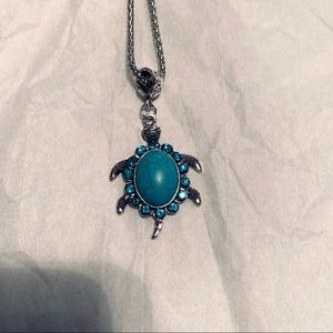 Turtle Necklace Silver turquoise w rhinestones
